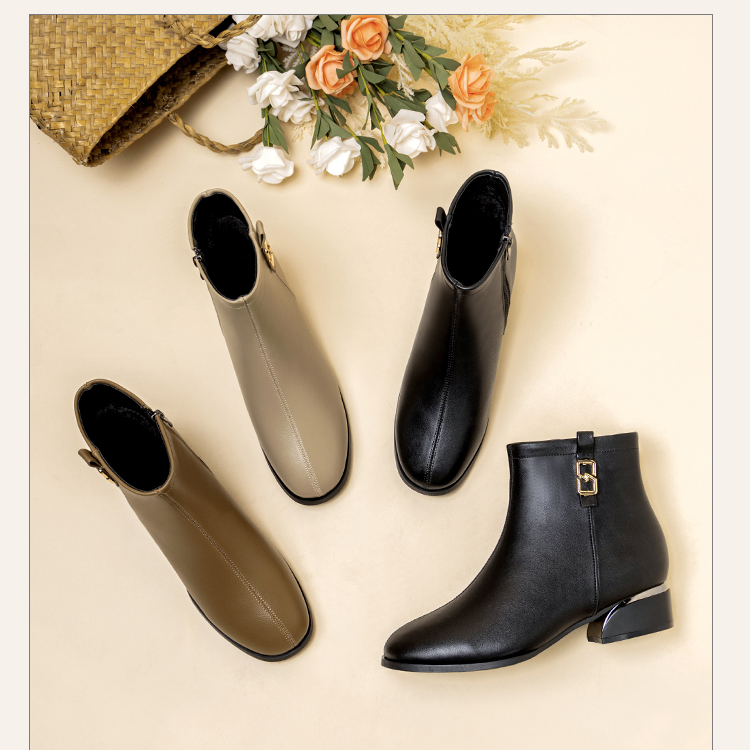 2公分-2024新款舒适真皮粗跟圆头时尚软底软面加绒秋冬洋气马丁靴