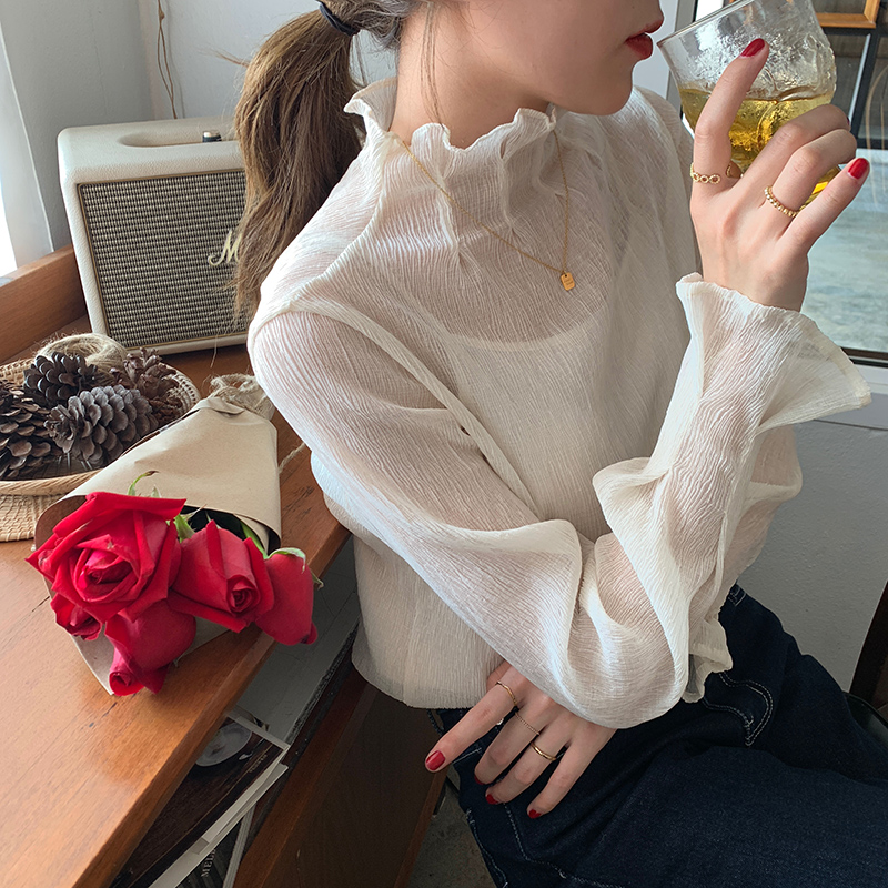 2022秋季新款韩版内搭上衣很仙的木耳边高领百搭雪纺网纱打底衫女