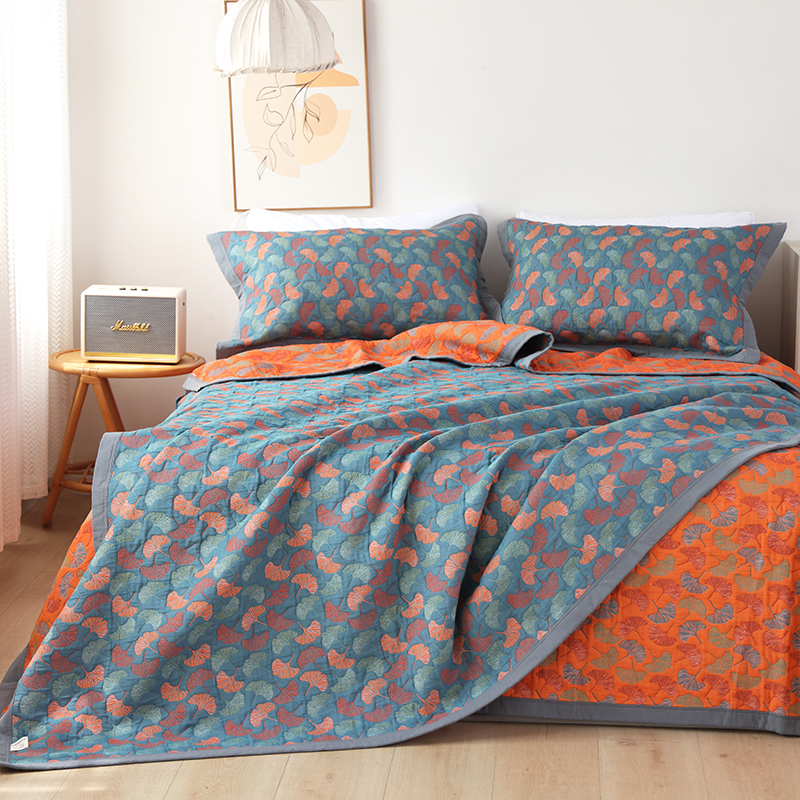 枫叶情 纯棉纱布床盖毯三件套毛巾被四季通用可机水洗铺床单加厚