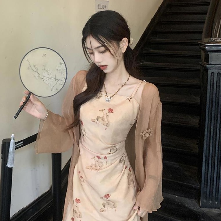 大码改良旗袍新中式吊带连衣裙女夏季胖MM国风收腰显瘦裙子套装