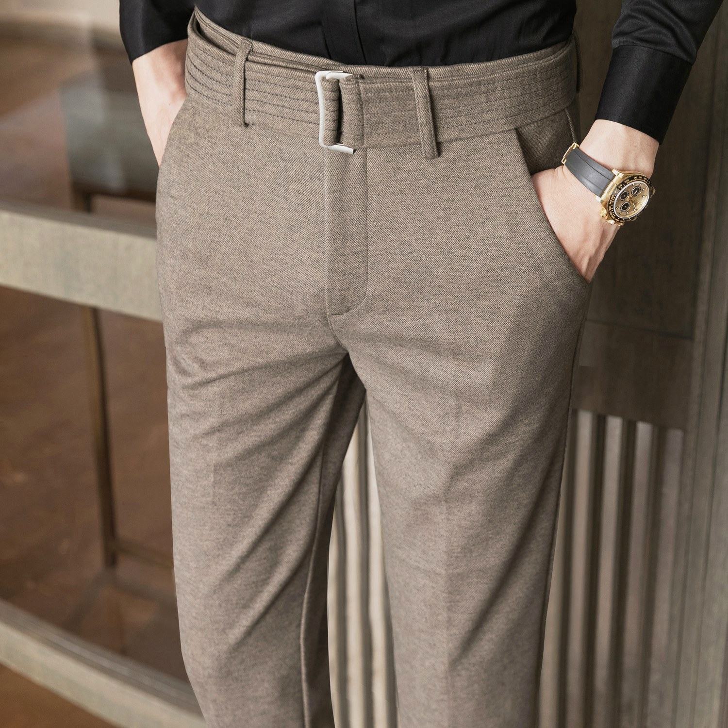 男裤子高端加厚羊毛呢子秋冬季商务九分冬裤修身小脚毛料休闲西裤