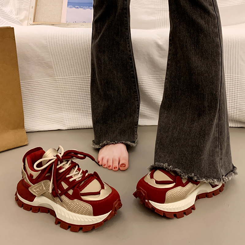 啄木鸟厚底增高老爹鞋女2025春秋季时尚拼色运动休闲鞋华夫阿甘鞋