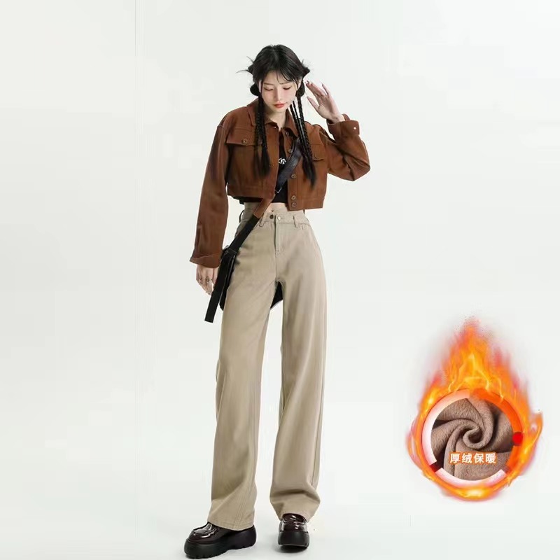 【加绒】【熊柒柒家-太】秋冬厚绒款高腰女装加厚牛仔裤