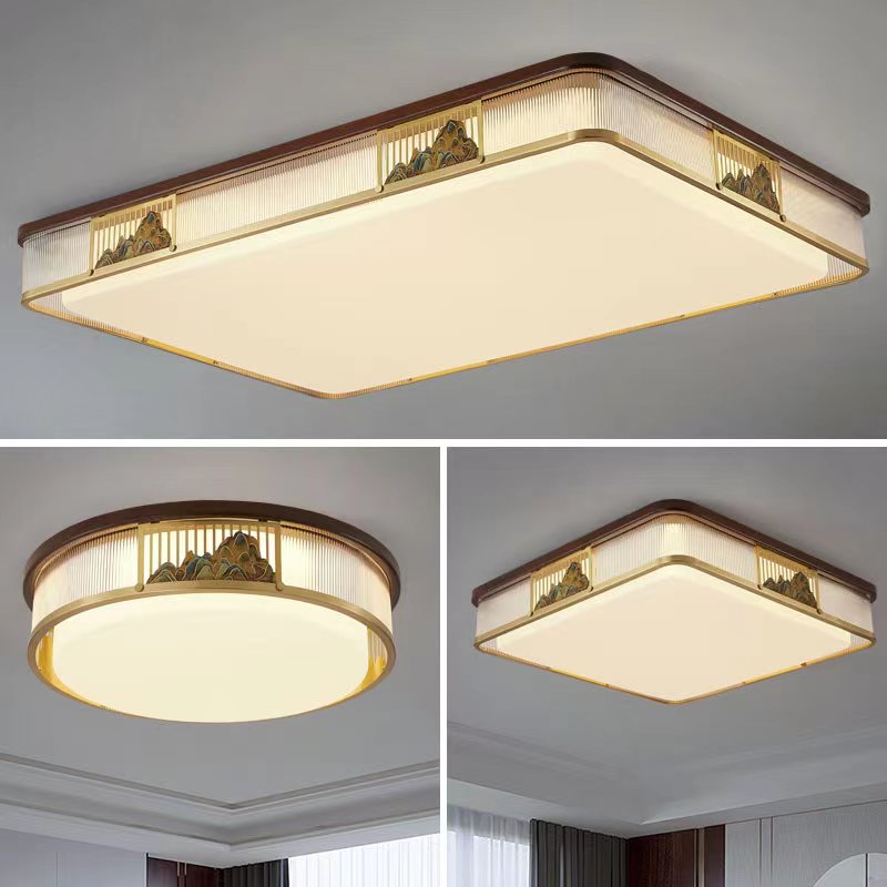 千里江山新中式简约全铜橡木国风长方形餐厅卧室大气房间吸顶灯