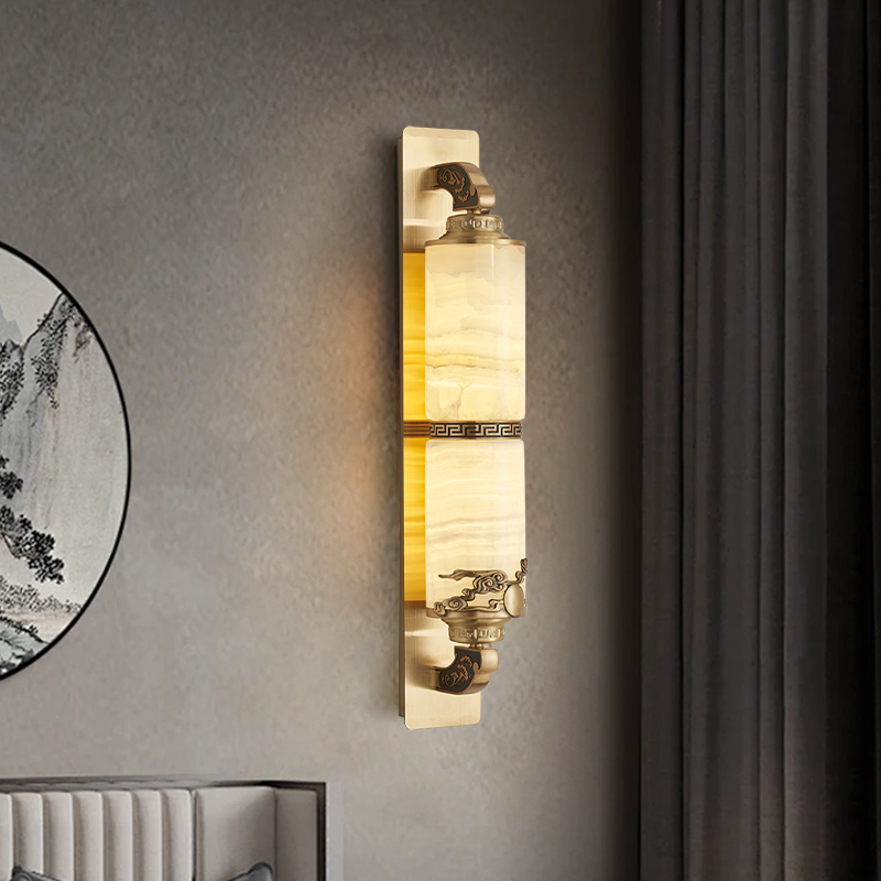 全铜玉石新中式客厅电视背景墙卧室书房沙发背景墙高端全铜壁灯具