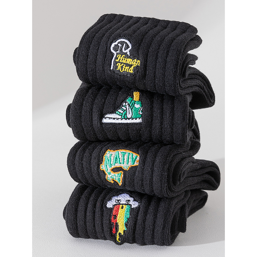 袜子男士黑色棉袜秋季纯棉防臭青少年运动篮球袜中筒刺绣秋天全棉