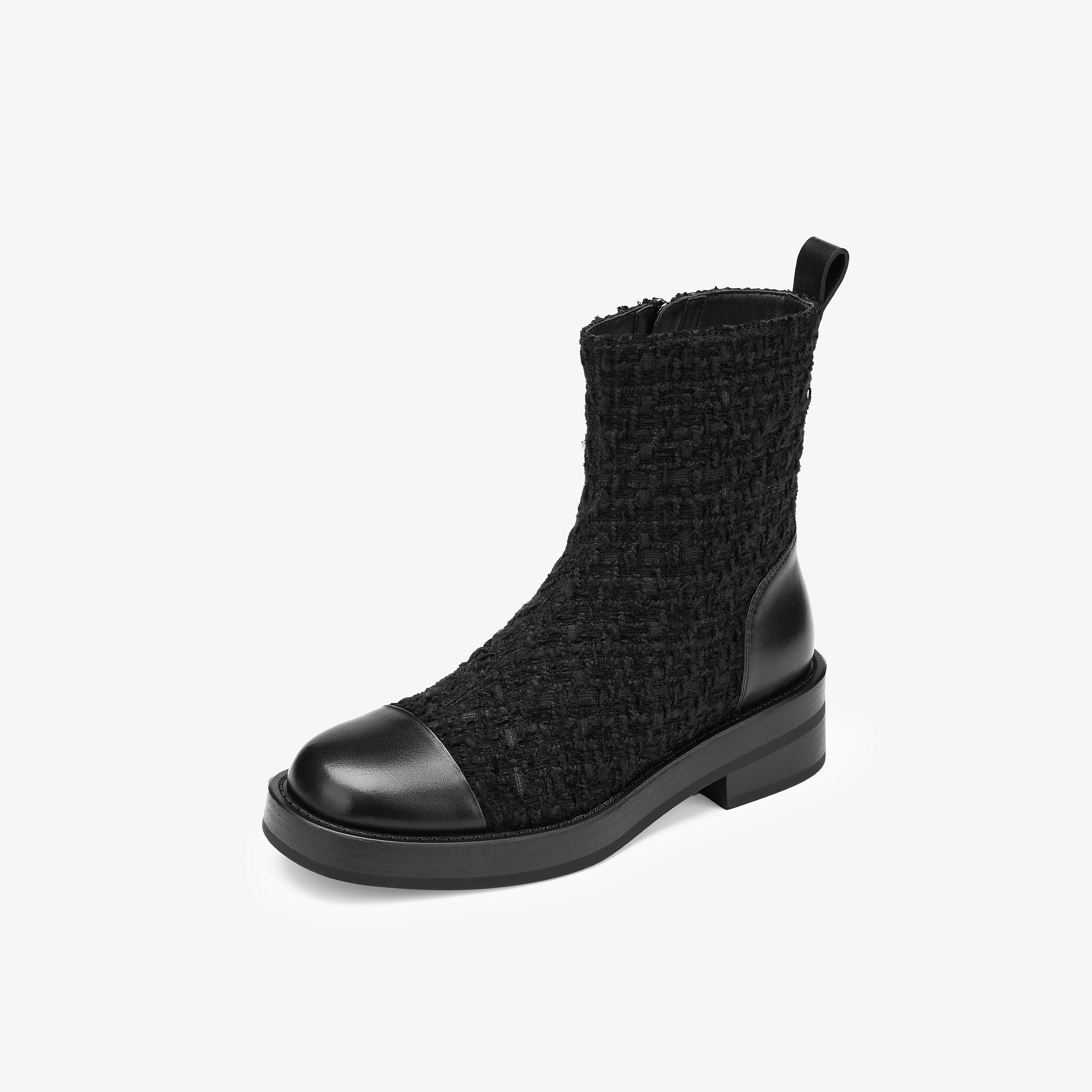 73hours女鞋旅行碎片2024冬季新品圆头拼接方跟时装靴美拉德靴子