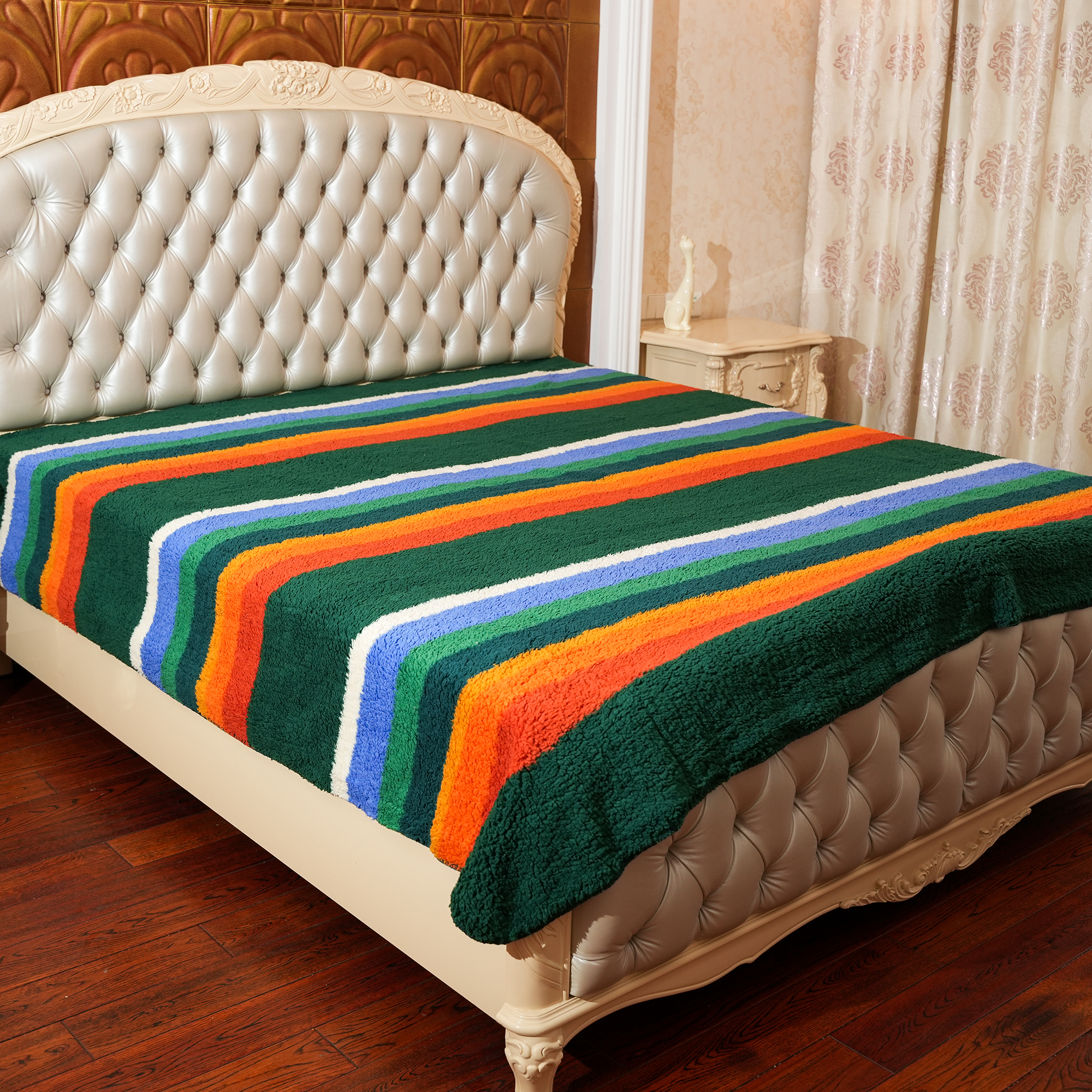 祖母绿条纹卧室沙发毯休闲毯绒毛毯午睡毯冬季加绒加厚柔软双面毯