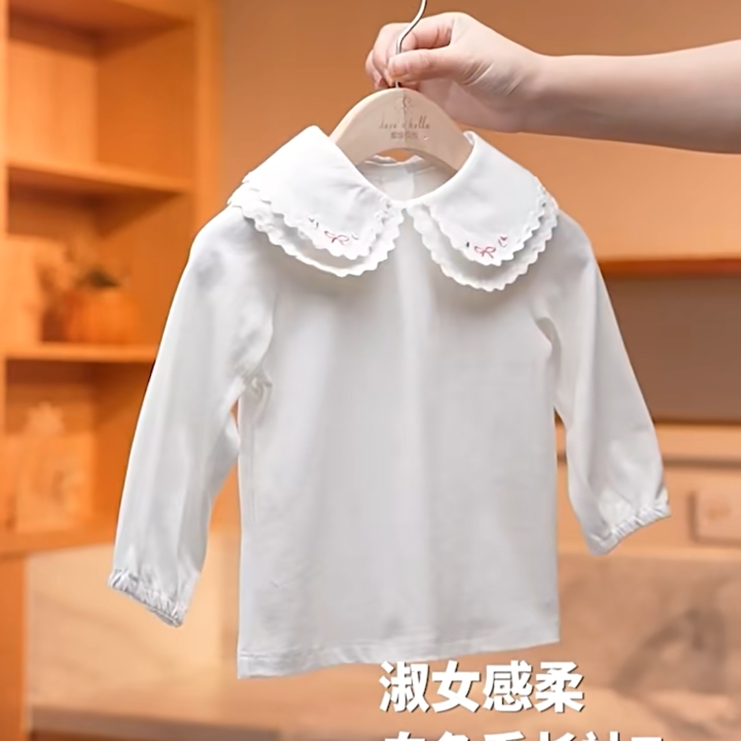 女童洋气秋装宝宝衣服打底衫女宝宝纯棉白T恤娃娃领百搭上衣8001