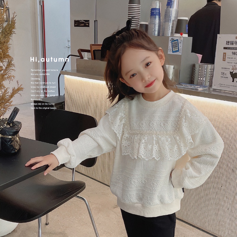 5593  新款高端定制珍珠花边卫衣女童蕾丝上衣洋气韩版套头儿童