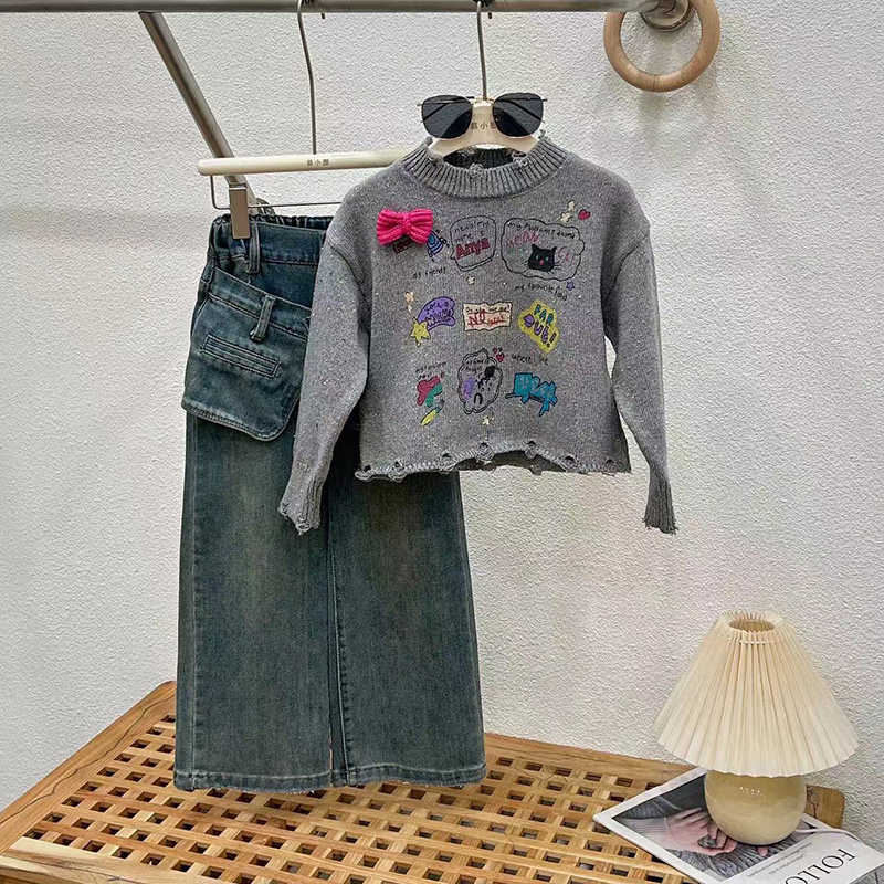 女童牛仔裤春秋2025新款裤子女大童阔腿牛仔裤初中生套装直筒裤