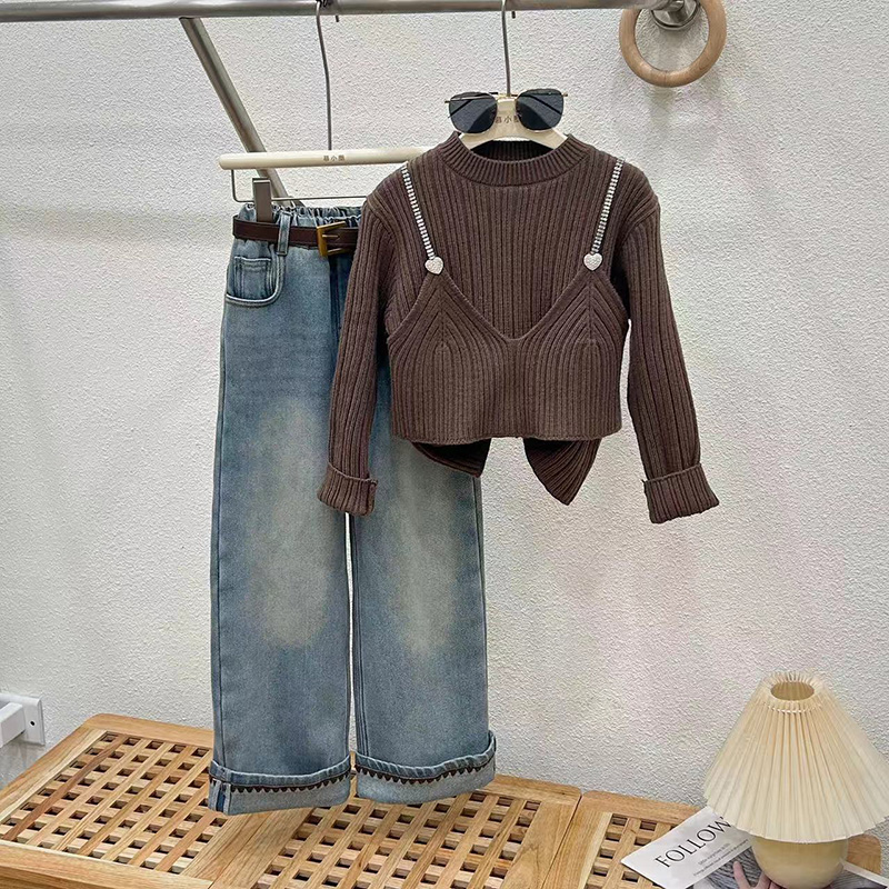 女童裤子套装秋冬加绒外穿2025新款中大童加厚直筒阔腿儿童牛仔裤