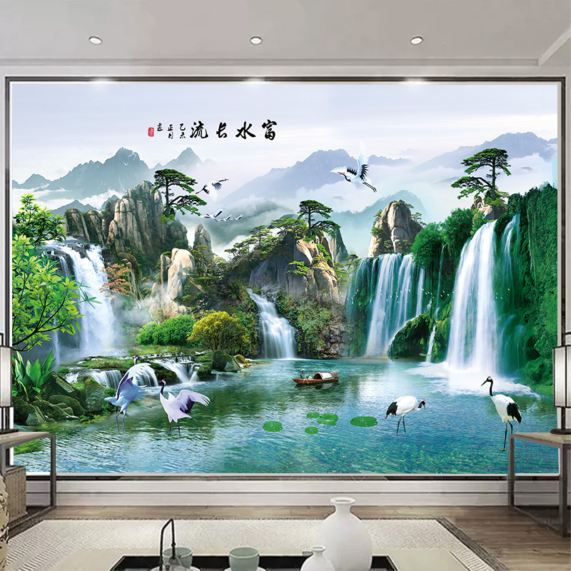 富水长流山水画客厅卧室书房办公室家居装饰画中式自粘贴墙面壁画