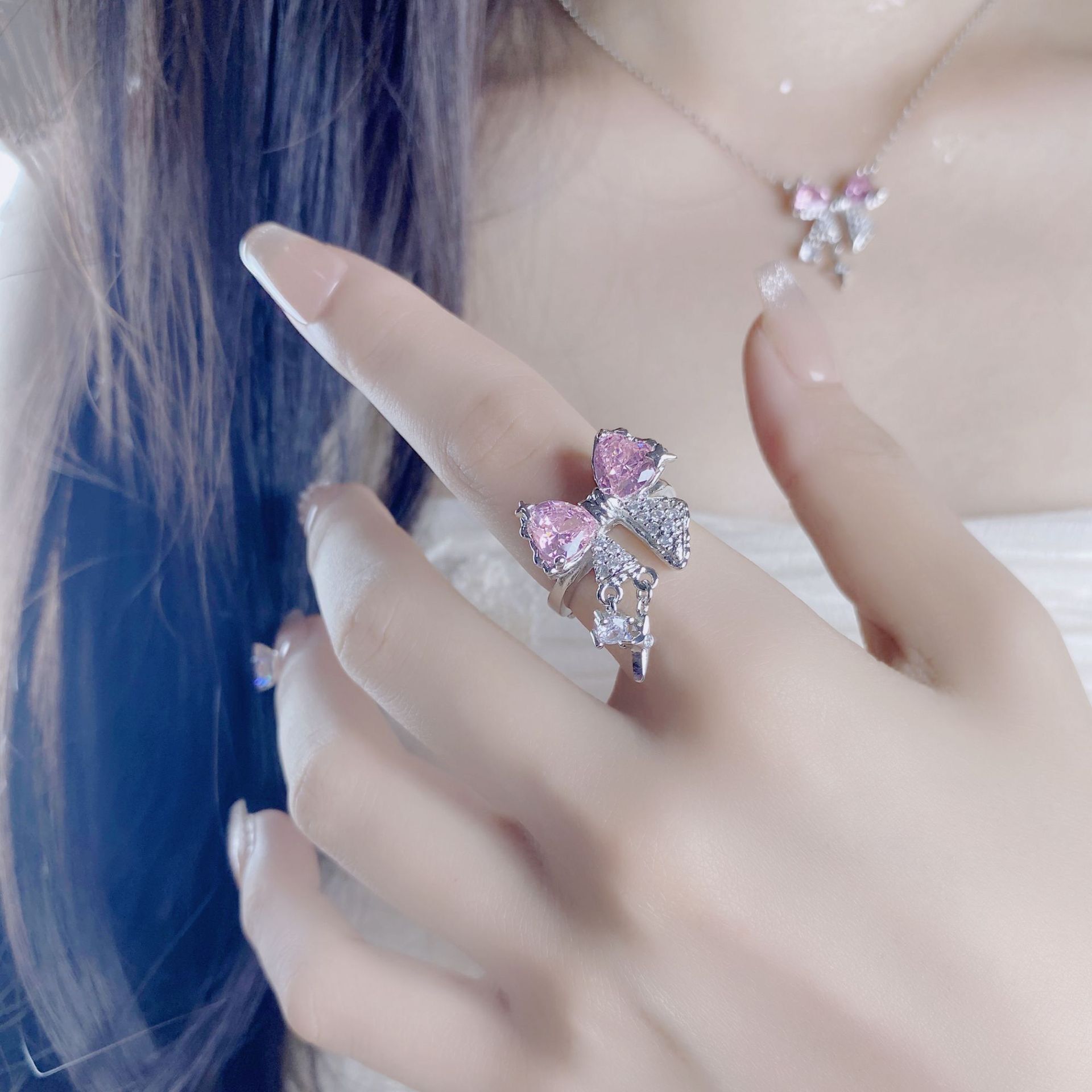 铜合金合成锆石戒指 星光璀璨! 蝴蝶结锆石戒指女小众设计J0074