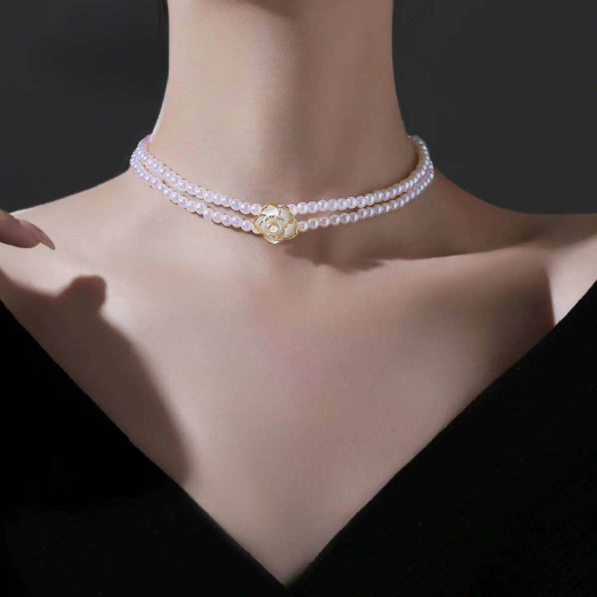 铜合金仿珍珠项链 精致山茶花珍珠颈链锁骨链2024新款爆款X0051