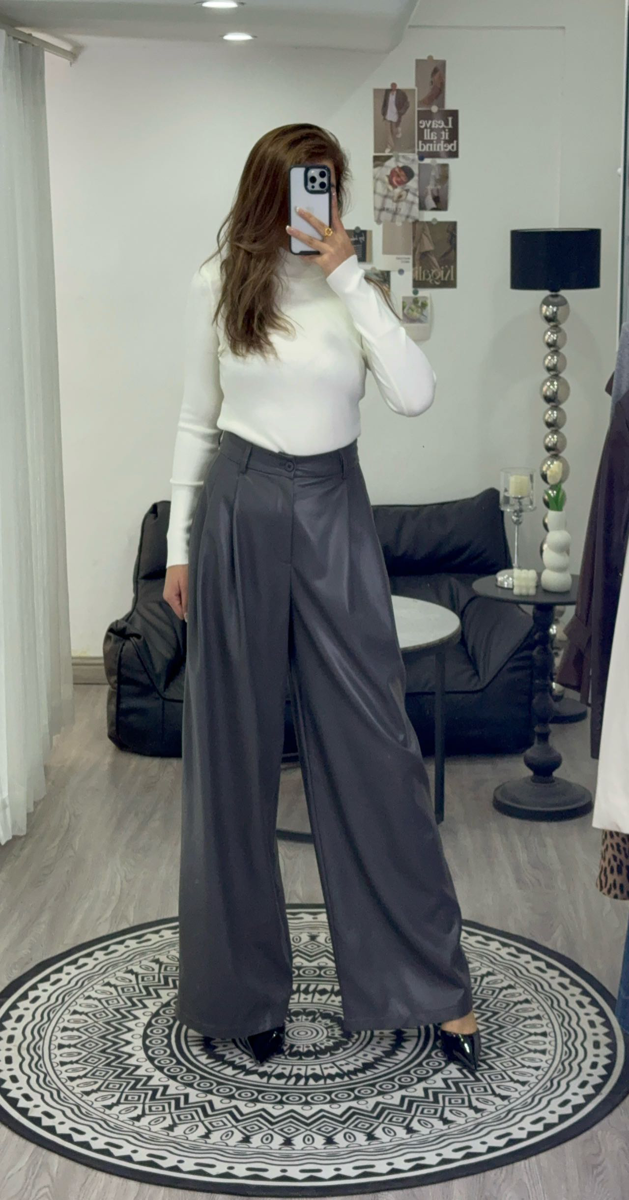 delyura最新款定制款个性灰色皮裤阔腿裤软皮灰色高级感加长裤