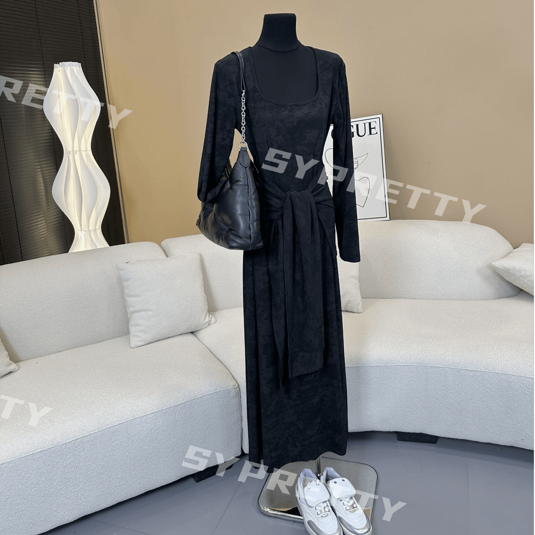 【SYPRETTY】晶晶新品晕染U领垫肩收腰显瘦连衣裙腰封套装248188