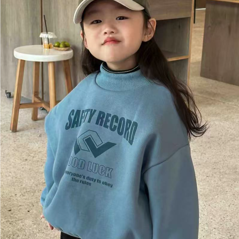 由拉儿童加绒卫衣冬季半高领男童女童字母简约百搭款9470咖色