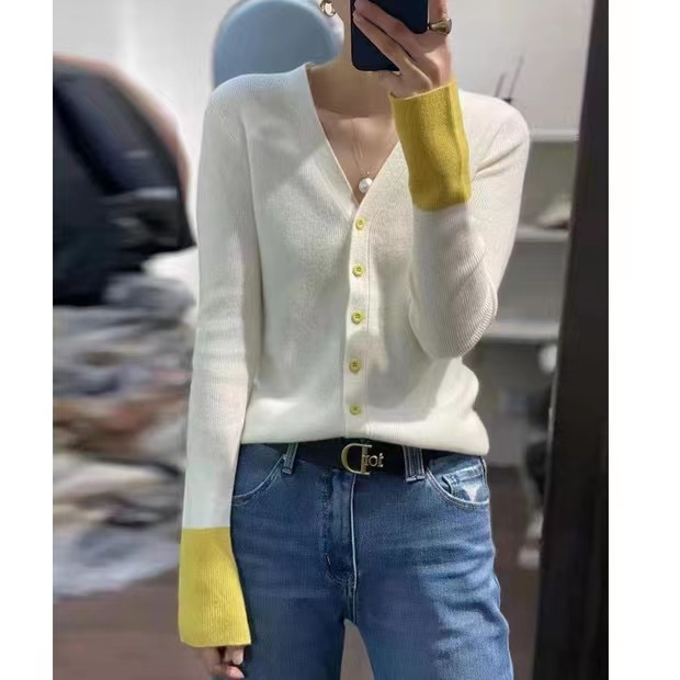 2024早秋新款拼色v领针织开衫女薄款毛衣外套修身显瘦打底上衣潮