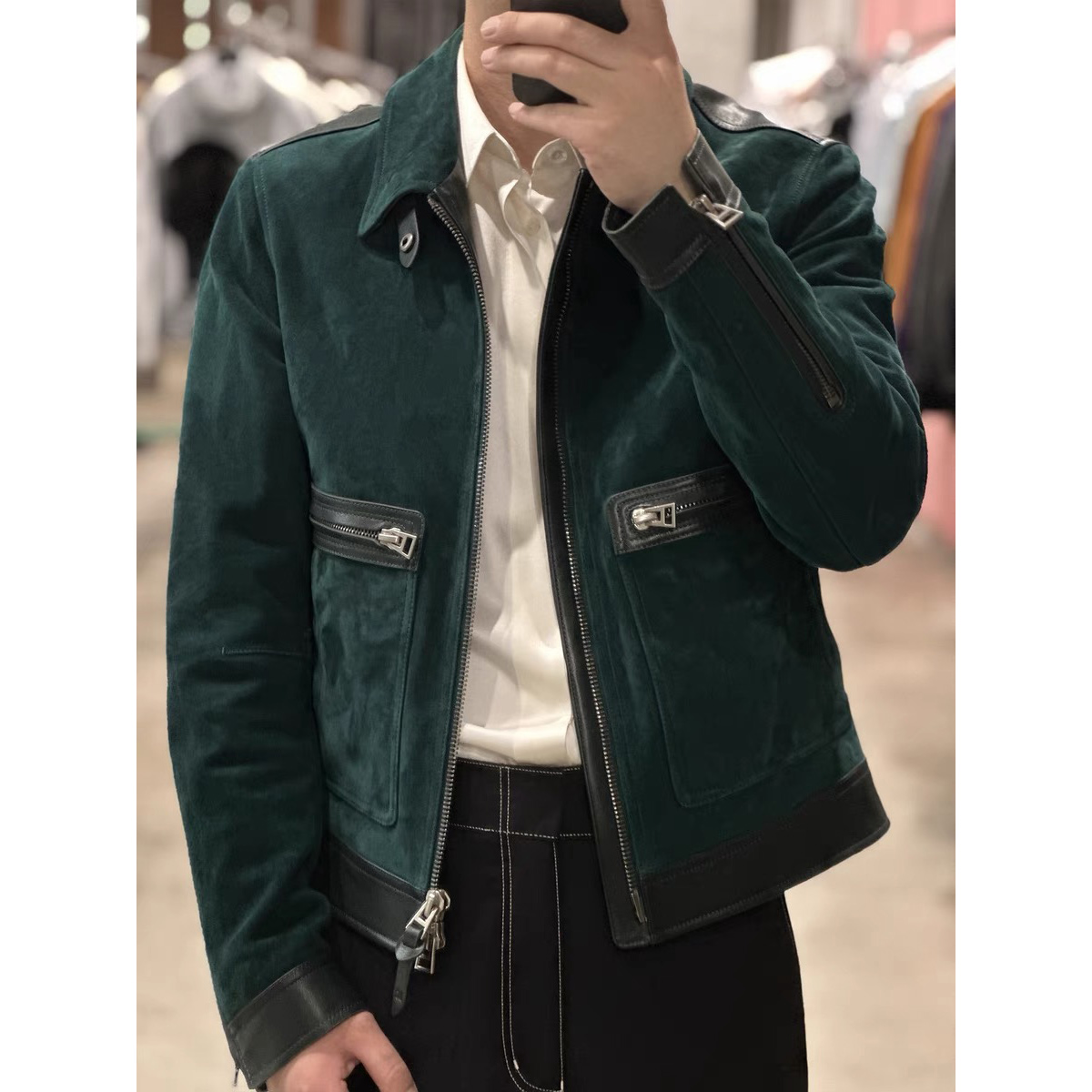 LA CALIFFA 68350版“性感总裁半岛绿“小羊羔皮A2飞行夹克