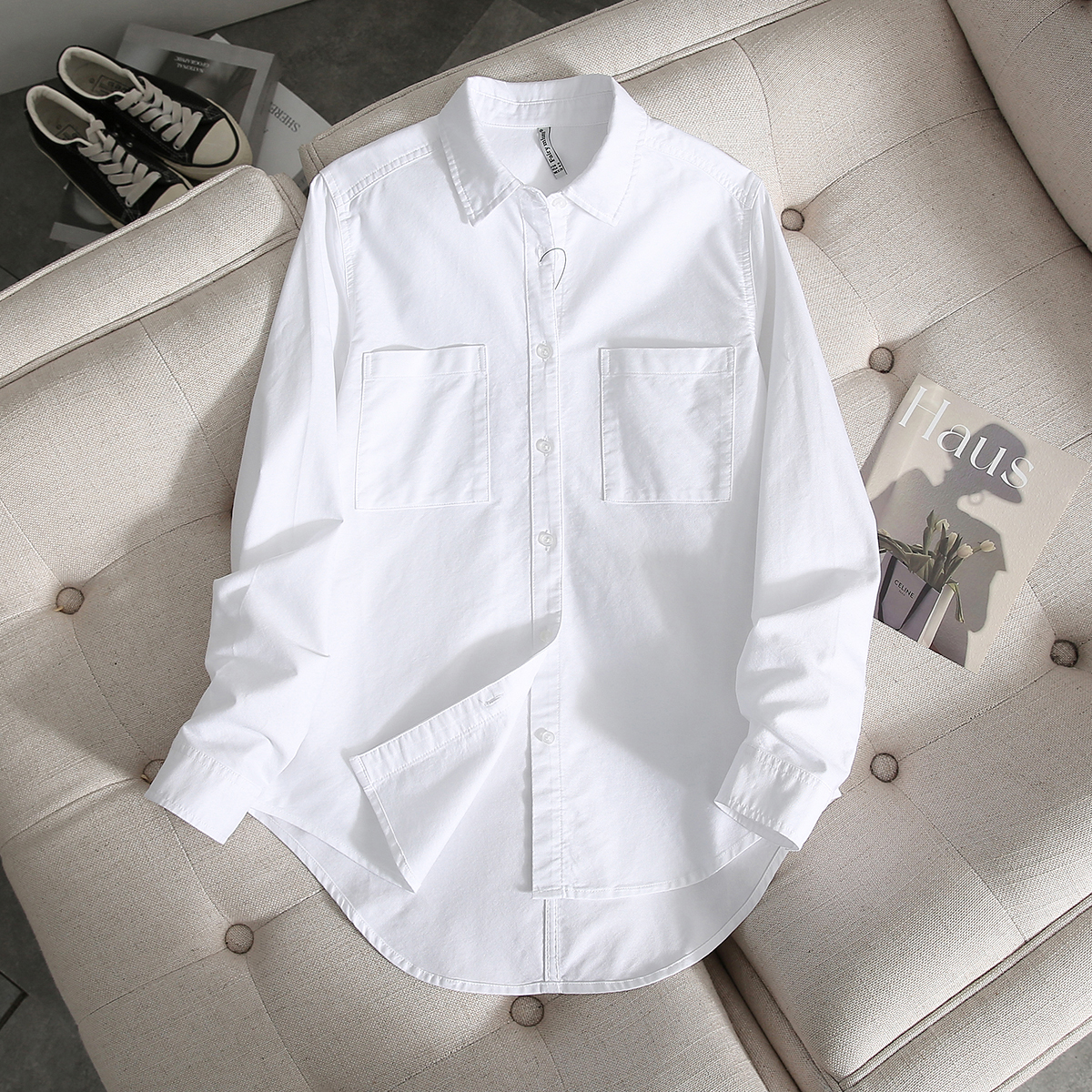 双面磨毛款打底白衬衫女长袖秋冬新款韩版宽松百搭打底上衣休闲