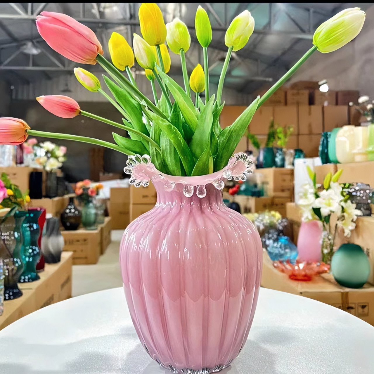 中古简约波浪口琉璃花瓶网红款创意摆件客厅餐桌水养装饰鲜花花瓶