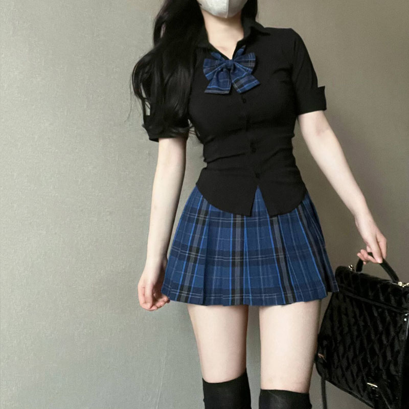 小熊二原创TR格裙学院风狗短百褶裙纯欲性感辣妹日系半身裙套装