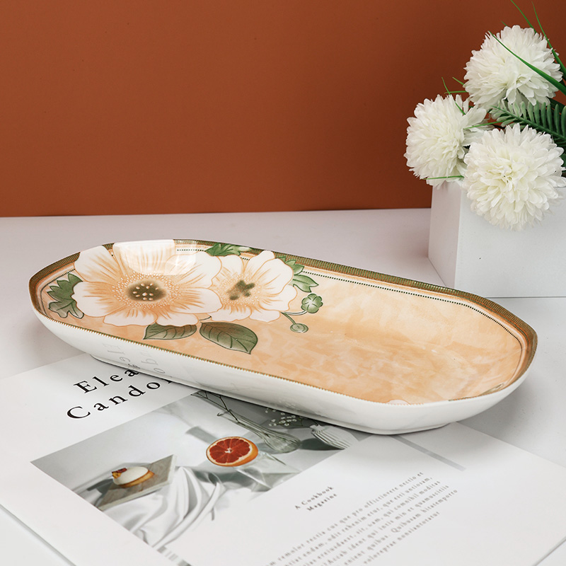 孟垣复古山茶花12英寸鱼盘家用创意釉下彩陶瓷盘子蒸鱼盘