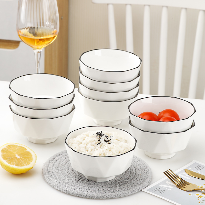 【孟垣】钻石纯白黑边饭碗10个装 4.5英寸家用米饭碗汤碗陶瓷吃饭碗