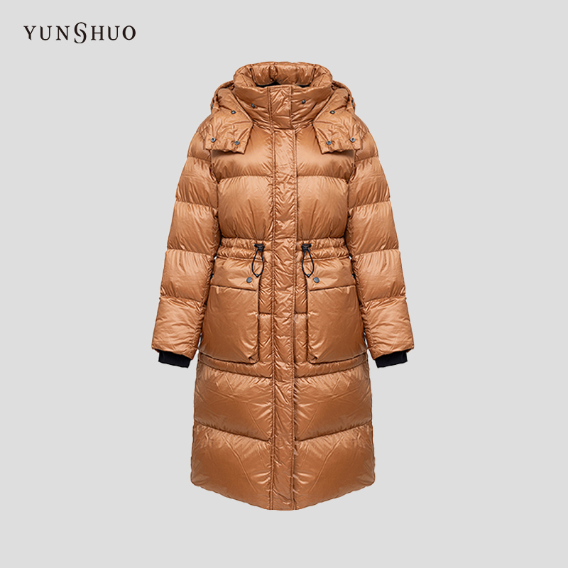 YUNSHUO羽绒服女中长款冬季新款腰部松紧连帽保暖羽绒衣816077