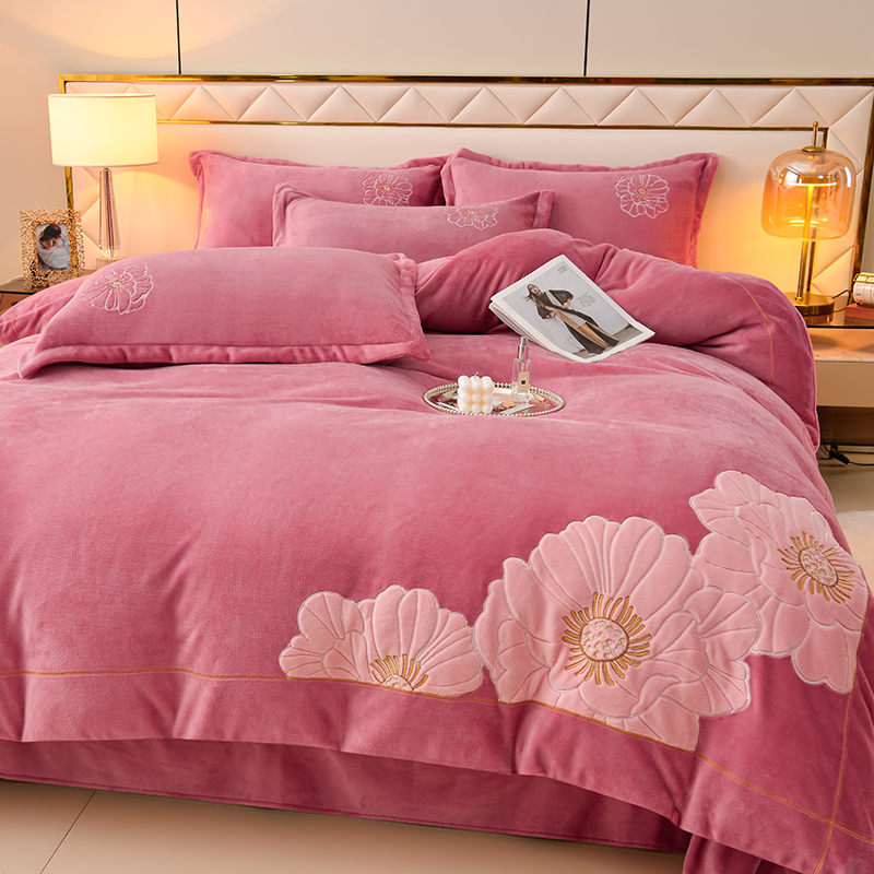 【绽放豆沙】加厚贴布绣花四件套婴肤绒牛奶绒被套柔软被罩床单枕套