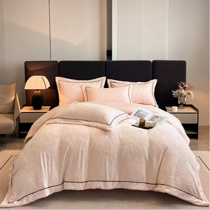 【莺歌曼舞】加厚纯色立体雕花牛奶绒四件套绒被套简约被罩床单