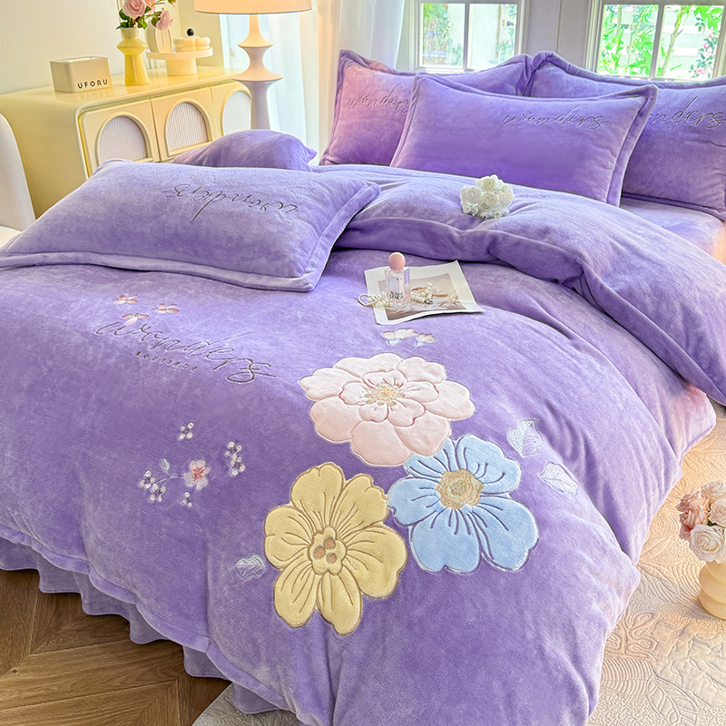 【梦境紫】加厚贴布绣花绒四件套牛奶绒被套柔软被罩床单