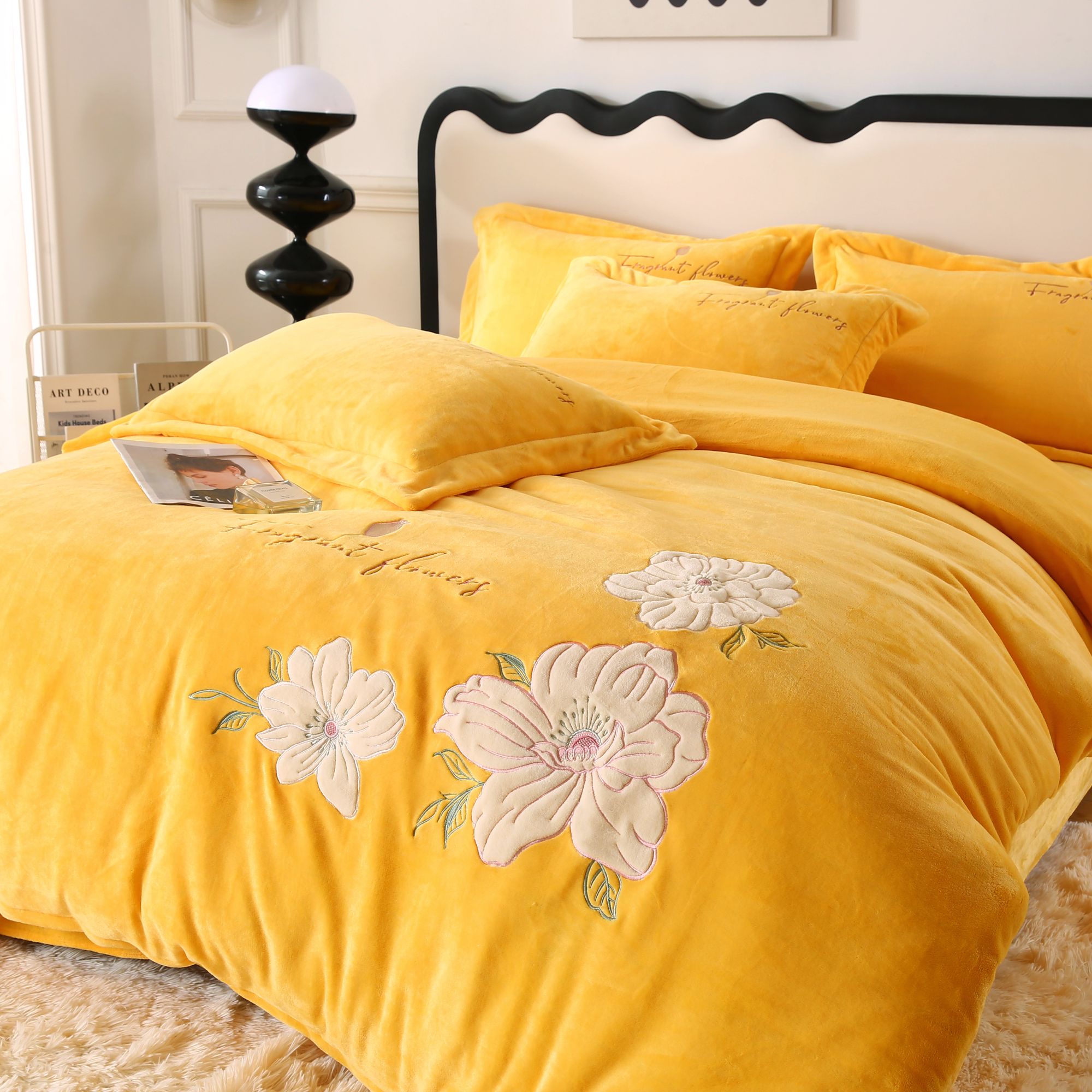 【花韵黄】加厚绒被套贴布绣花四件套婴肤绒被套柔软牛奶绒被罩床单
