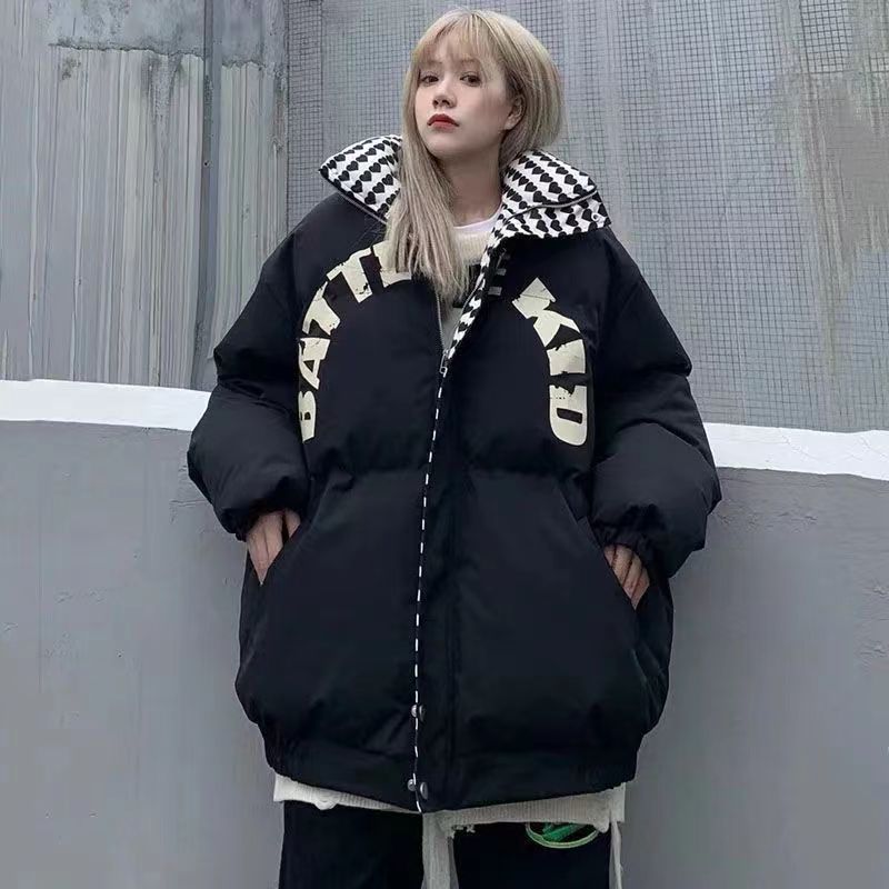 棉衣加厚爱心重影羽秋冬美式oversize学生面包服袄外套男女羽绒服