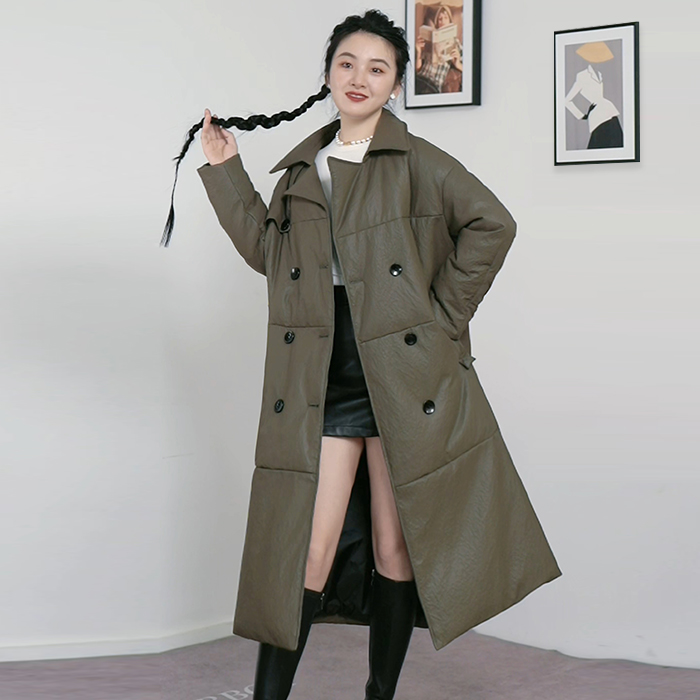 中长款女士大衣外套时尚宽松小羊皮鹅绒服过膝气质皮衣女外套