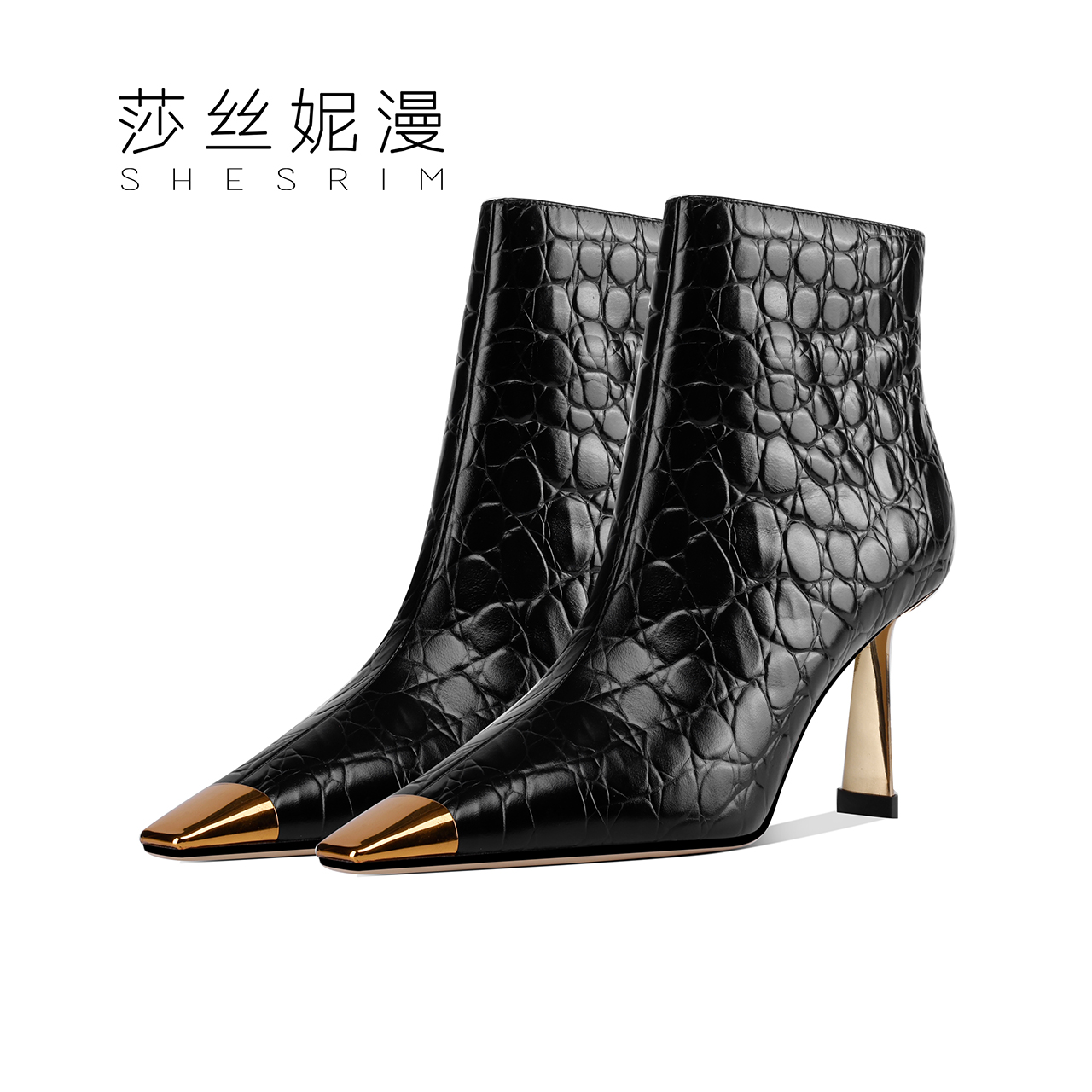 320-2024方头绒里短靴铁头气质短靴优雅时尚高档高跟鞋短靴真皮