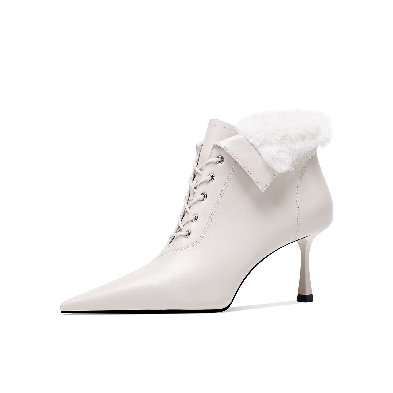 203-2024新款百搭短靴6.5cm尖头细中跟真皮真毛绒里气质名媛英伦