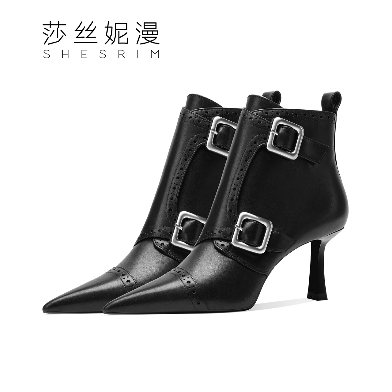 275-方扣秋冬真皮短靴英伦风女士小短靴内里加绒尖头小方跟黑色款