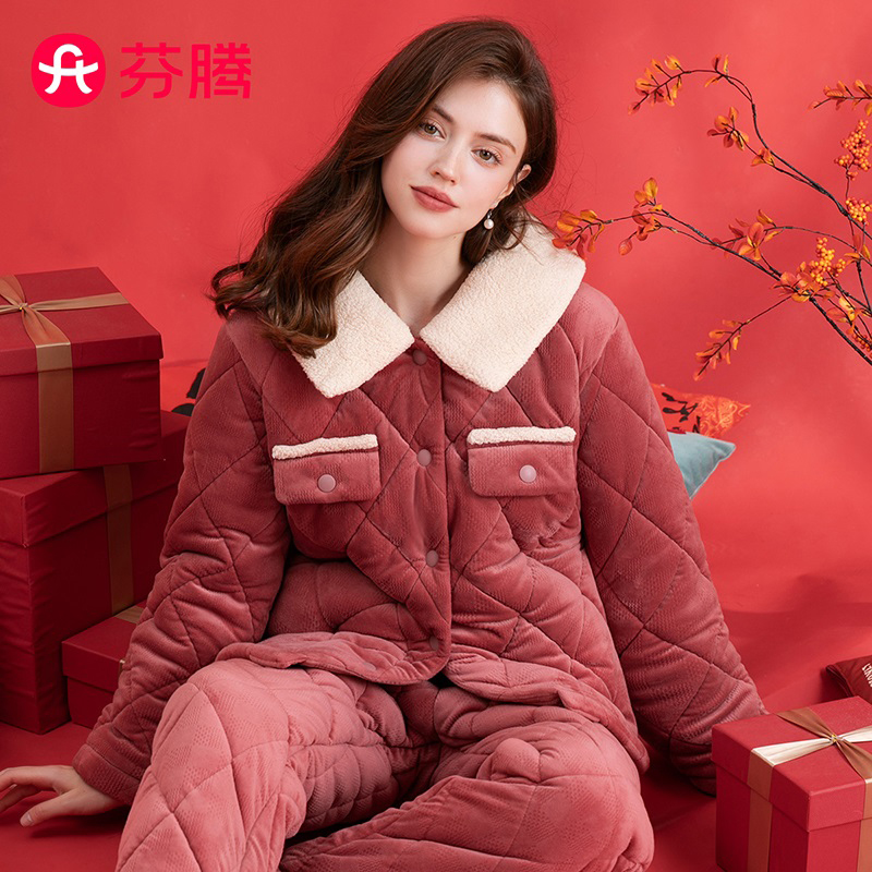 芬腾24年冬季新款夹棉睡衣女红品保暖家居服套装FJ25950105