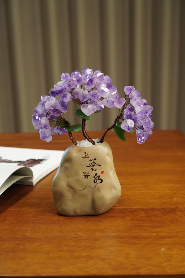 天然紫黄粉水晶树桃红装饰品礼物摆件晶簇原石居家礼品装饰水晶花