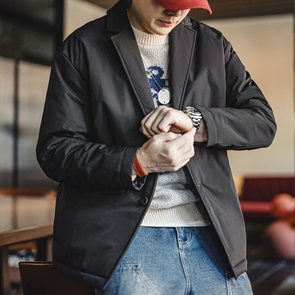马登工装美式休闲平驳领西装夹克棉服黑色加厚保暖外套男款秋冬季