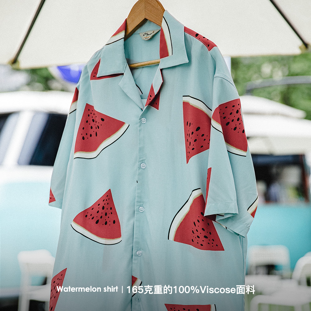 马登工装夏季休闲西瓜印花宽松大码短袖衬衫古巴领复古宽松衬衣