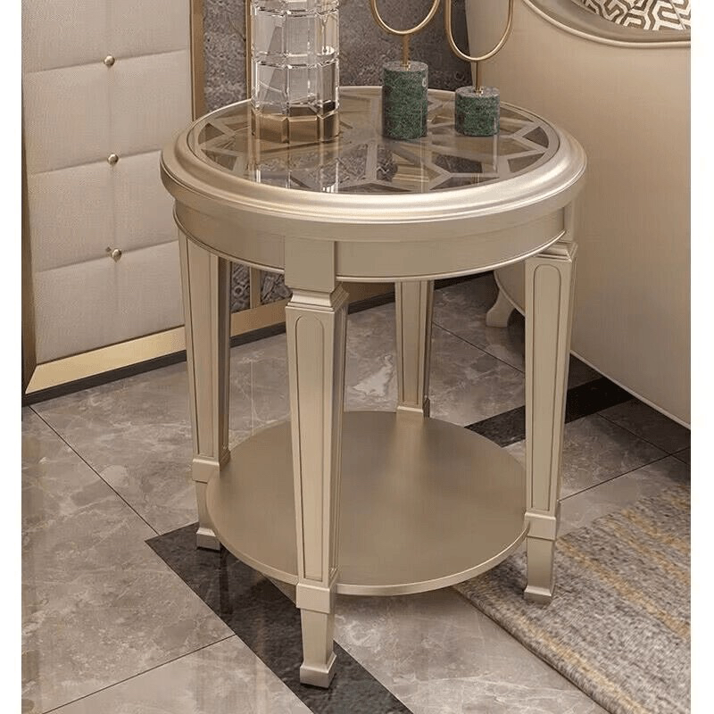 美式轻奢边几高级感客厅沙发角几可移动实木小圆桌香槟色玻璃茶几