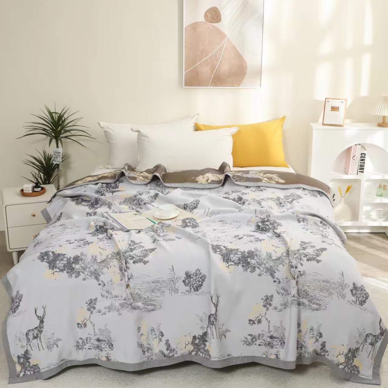 【鹿野-银灰X】220*240cm轻奢桑蚕丝澳棉床盖