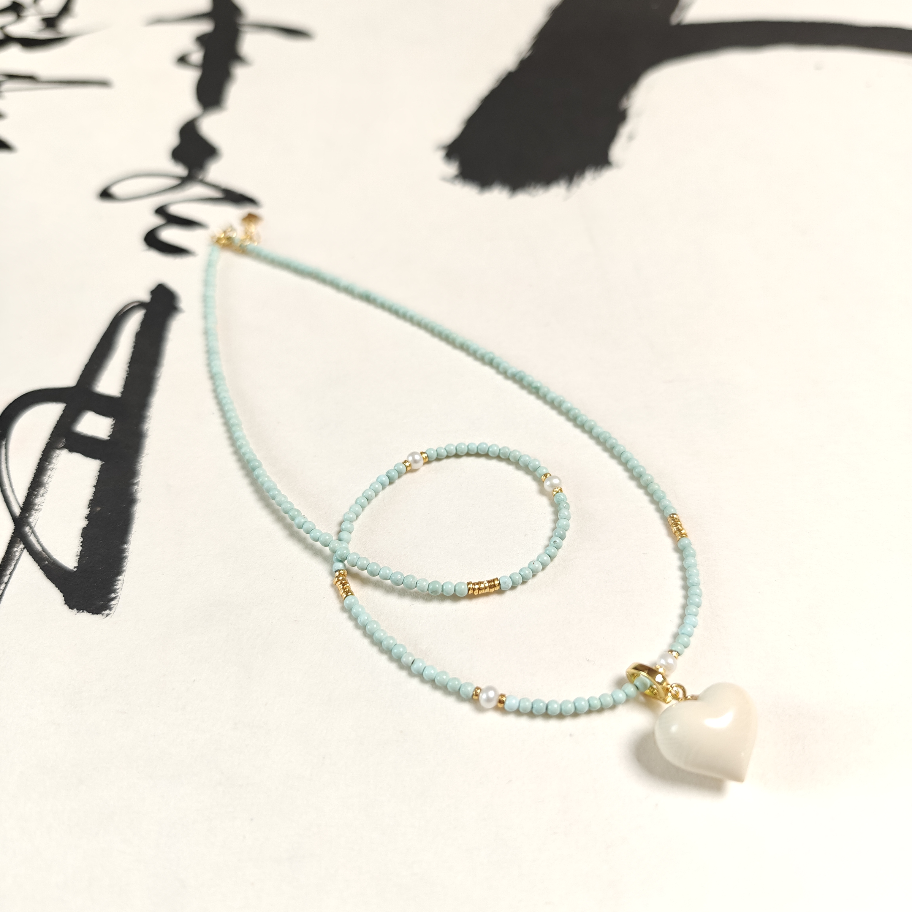 【蜜语原创】天然原矿 高瓷松石配链 爱心牙牙吊坠（松石盘玩不退换）