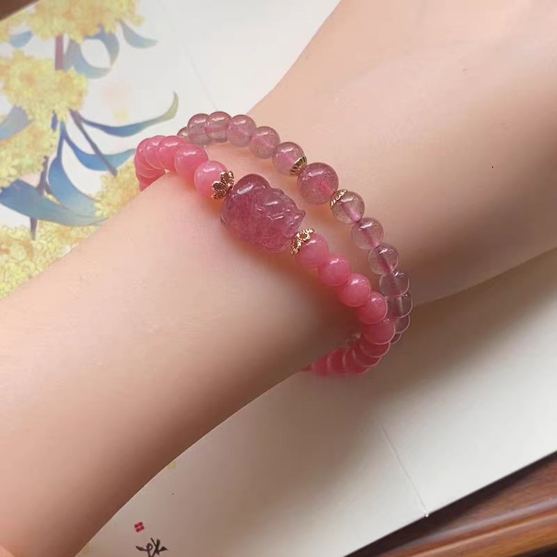 【蜜语】草莓晶红纹石双圈貔貅手串