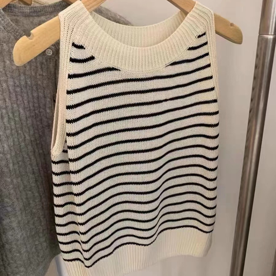 韩版宽松简约条纹针织背心 过款拍链