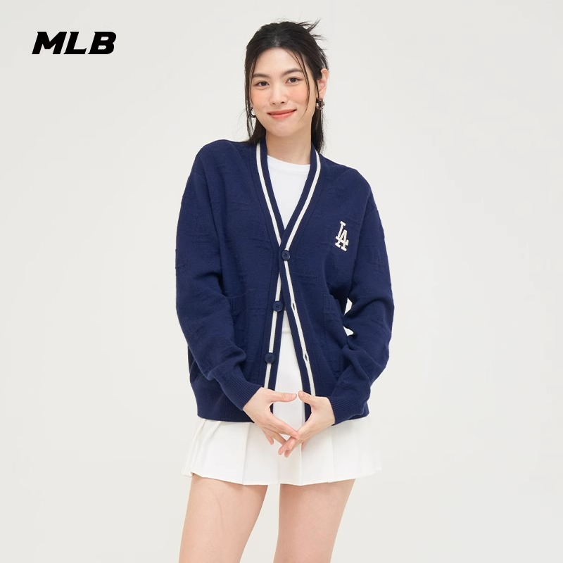 MLB男女情侣满印立体老花撞色针织开衫外套24春夏新款3AKCM0344