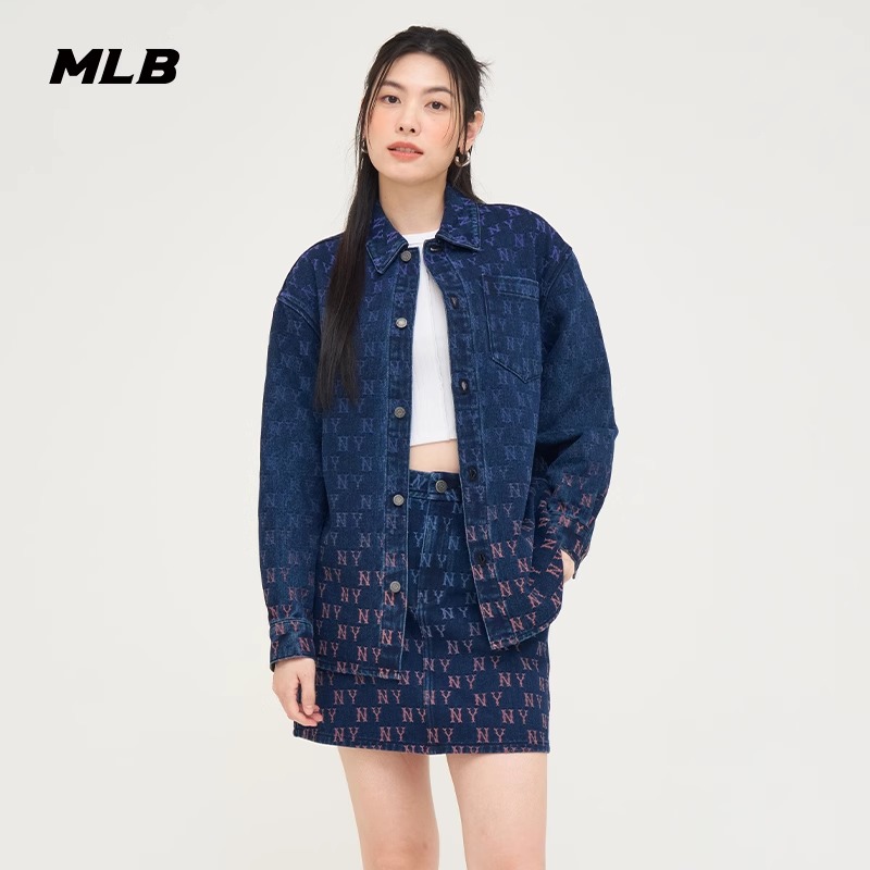 MLB情侣款满印渐变彩色老花宽松牛仔衬衫外套24春夏新款3ADRM0144